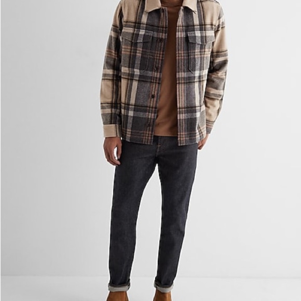 Men’s Express Plaid Wool-Blend Double Pocket Shirt Jacket XL